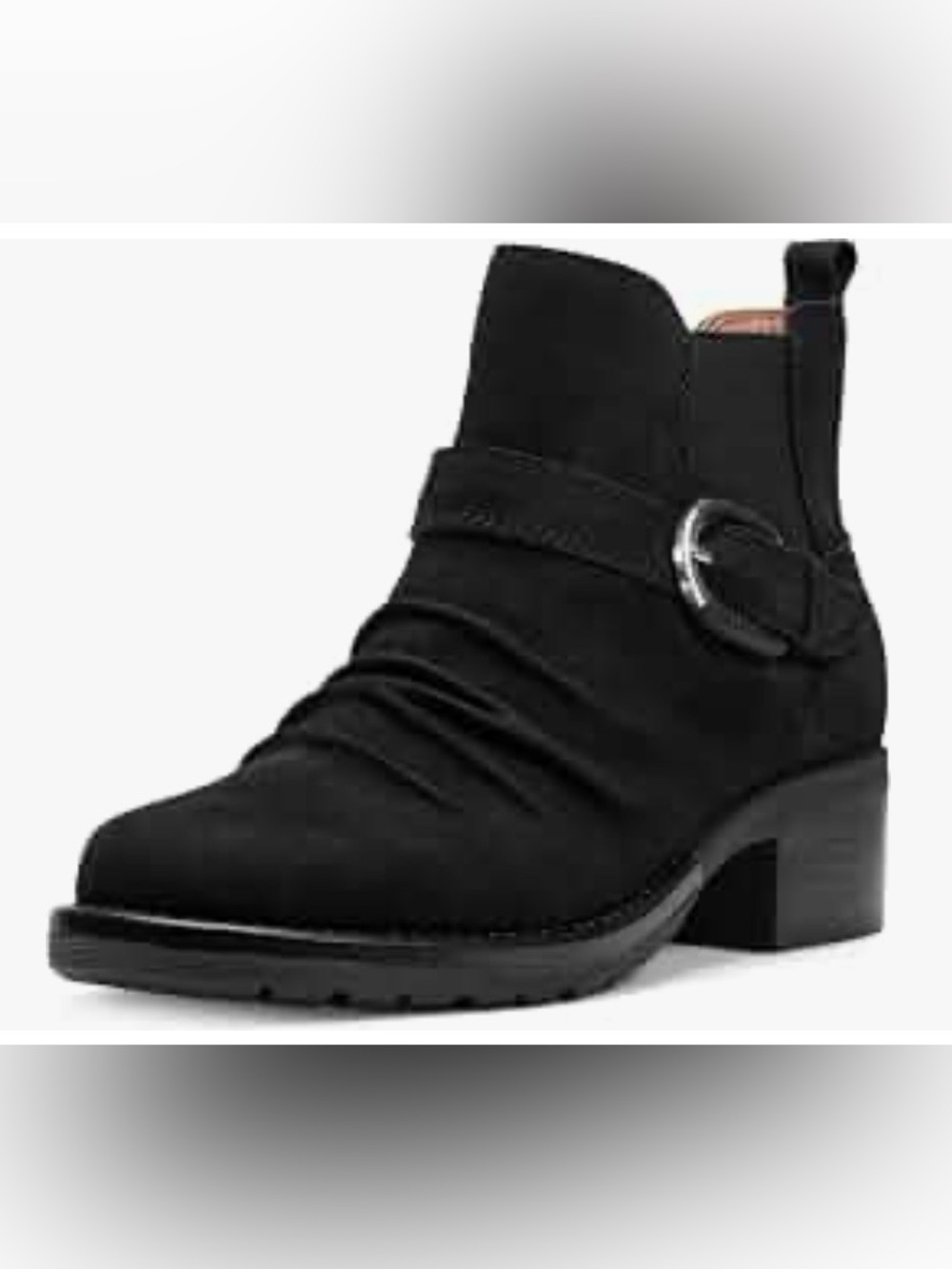 Earth Zane Black Suede-Look Ankle Boot with Buckle Detail